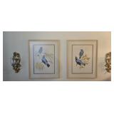 2 framed bird prints & 2 sconces