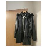 Black leather jacket with fur collar, size L