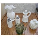 Fenton silver crest vase, white hobnail, &
