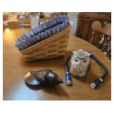 Owl pitcher & decor,  basket, neck light