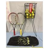2 tennis rackets w bag & Wilson ball hopper