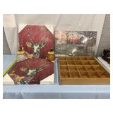 Farm style decor (roosters, art, & wood shelving)