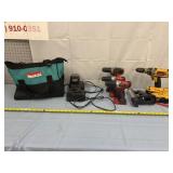 4 hand drips (1 Dewalt), batteries & chargers, bag