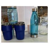 4 (12oz.) tumblers, 2 mason jars bluish water