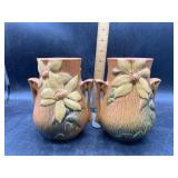 Pair of vintage Roseville pottery clematis