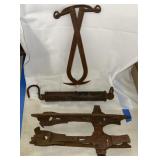 Vtg ice skates, a hanging scale and tool and Vtg
