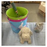 3 Easter pails and small garden statues garden