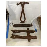 Vtg ice skates, a hanging scale and tool and Vtg