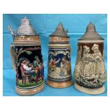 Vintage German Beer Steins w/hinged pewter lid