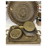 Vtg brass ashtrays skillet and giant peacock plate