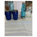 4 (12oz.) tumblers, 2 mason jars bluish water