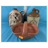 2 Vintage Whiskey Jugs, Handcrafted Pottery Basket