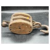 Vintage wooden and cast iron block and tackle