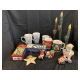 Christmas Mugs, Wooden Candle Decor, Lights,