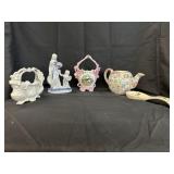 Porcelain baskets, teapots and figurines