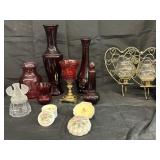 Red glass decor, candelabras, candles and more