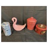 Bathroom canisters and shower curtain/towel