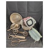 Vtg. Antique scissors , strainer /wooden spoon