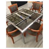 Glass Top Table w/leaf, 4 wood frame padded chairs