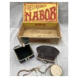 Cigar Box, Small Vtg. Coin Purses, strand of beads