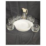 MCM fire king serving dish/ vtg log cabin glass