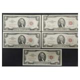5x $2 Red Seal United States Notes