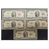 5x $2 Red Seal United States Notes