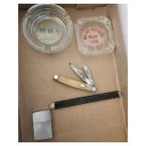 Vtg knife/ 2 glass advertising  ashtrays / zi