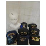 Styrofoam head/ 7 vintage military caps