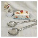 Vtg music box / butter dish / serving spoons