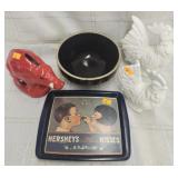 Vtg ceramic rooster& hen / Vtg red piggy bank/