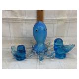 Art Glass Octopus Figurine & 2 Blue Glass birds