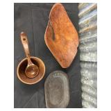 Wooden dough bowls/trays  and large wooden ladle