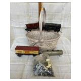 Basket with Vintage Train Cars and Figures