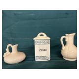 2 porcelain vases and a canister that reads ZIMMT