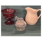 Jeanette glass powder dish, a red glass chalice