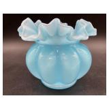 Fenton Blue Overlay Melon Vase, double ruffled rim