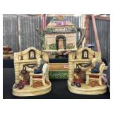Cottage Tea Pot And Two Ceramic Book Ends