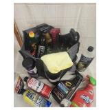 Tote of cleaning supplies