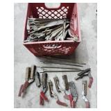 10 Action clamps/ 35 Tent Stakes/ Vtg Milk crate