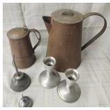 Antique Copper Coffee Pot & Oil Cans, Candlesticks
