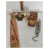 Vtg. 50 lb Household Scale, Vtg. Tin Bank, Board
