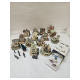 14 Miniature Buildings , Vtg. Pewter people & car