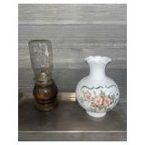 Wooden kerosene lamp and a milk glass shade