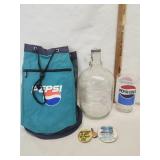Vtg. Pepsi Syrup Glass jug & Bag, Vtg. Pepsi pins