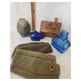 Vtg. Boy Scouts caps, Vtg. Old Owl Glass Bank,