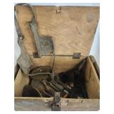 Vtg. Wood crate,  Horse brushes,  Horse Binding