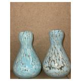 (2) hand blown blue white speckled murano glass
