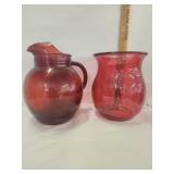 Vtg. Ruby Red pitcher,  vtg. Red Hand Blown G