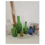 Vtg.Glass Bottles, Jar & Hooks